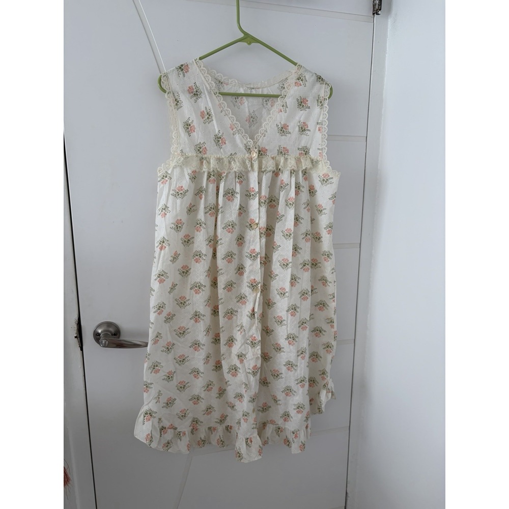 Vintage Elimar Floral House Dress Medium White Pink Ruffle Nightgown Sleeveless